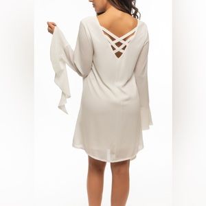 Long bell sleeve lace up back detail tunic dress